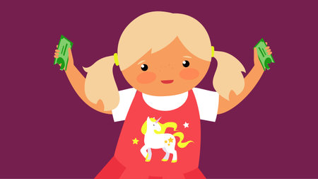 Little girl with a unicorn. Vector illustration in flat style.のイラスト素材