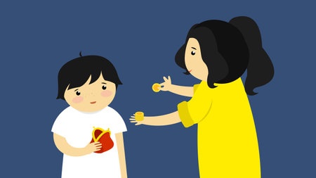 Mother giving money to her son. Vector illustration in flat style.のイラスト素材