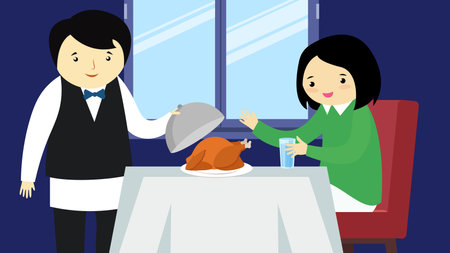 Vector illustration of a waiter serving a turkey to a customer in a restaurantのイラスト素材