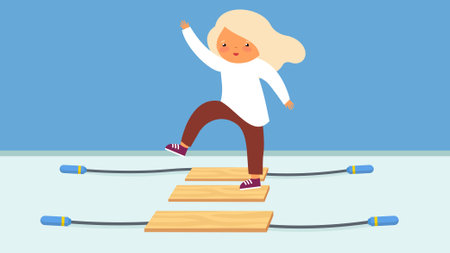 Little girl climbing a wooden ladder. Vector illustration in flat style.のイラスト素材
