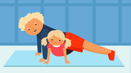 Grandmother and granddaughter doing push-ups in the gym. Flat vector illustration.のイラスト素材
