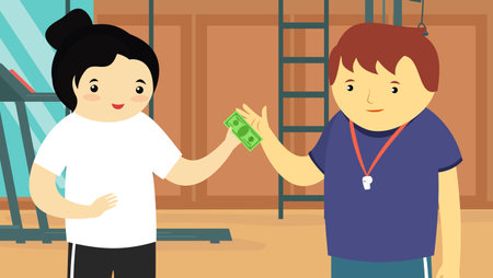 Woman giving money to a coach. Vector illustration in flat style.のイラスト素材