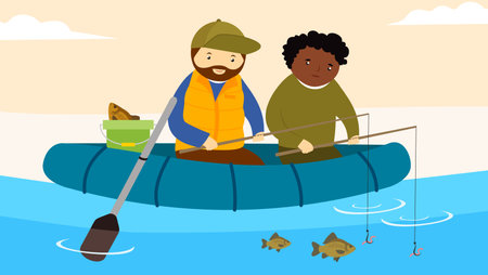 Two friends fishing on a boat. Vector illustration in flat styleのイラスト素材
