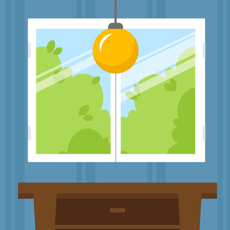Window with green trees in the room vector flat design illustration. Square layout.のイラスト素材
