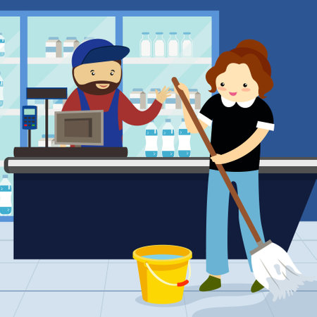 Cleaning service. Woman cleaning the shop near the cash register. Vector illustrationのイラスト素材