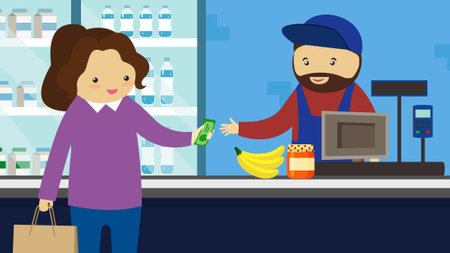 Cashier at the cash register in the supermarket. Vector illustration.のイラスト素材