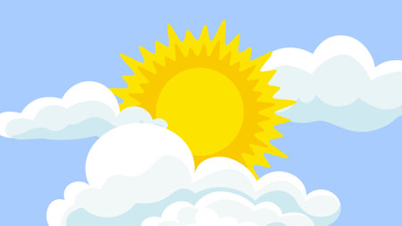 Sunny sky with clouds and sun. Vector illustration in cartoon style.のイラスト素材