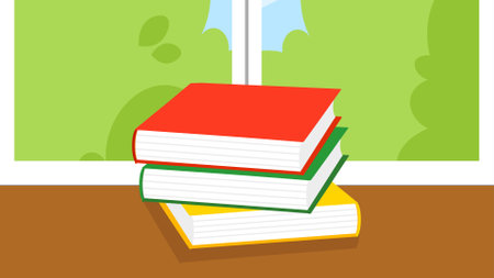 Books on the table in the room vector flat design illustration. Vertical layout.のイラスト素材