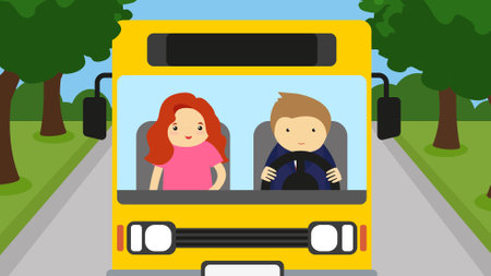 School bus vector illustration in flat design style. School bus driver and passenger.のイラスト素材