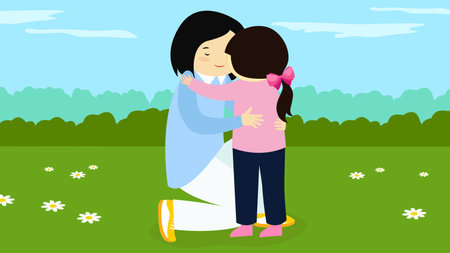 Mother and daughter hugging in the park. Vector illustration in flat styleのイラスト素材
