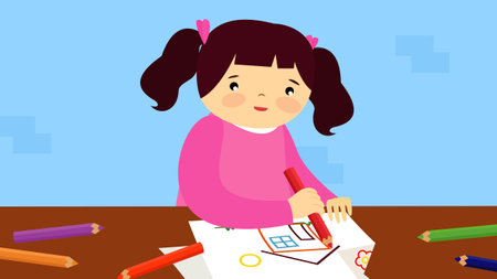Cute little girl drawing with pencils. Vector illustration in flat styleのイラスト素材