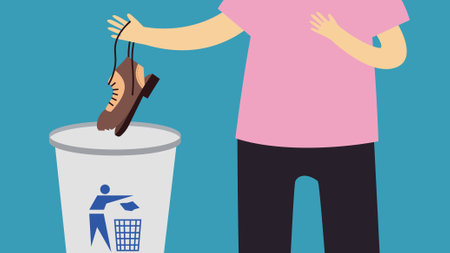 Illustration of a person throwing a shoe into a trash can.のイラスト素材