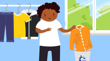 African american boy choosing clothes in the store. Vector illustration.のイラスト素材