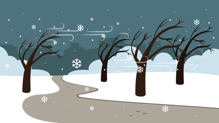 Winter landscape with trees and snowflakes. Vector illustration in flat style.のイラスト素材