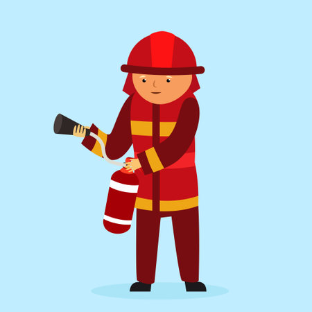 Firefighter in red uniform holding fire extinguisher. Flat style vector illustration.のイラスト素材