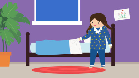 Cute little girl in bedroom. Vector illustration in flat style.のイラスト素材