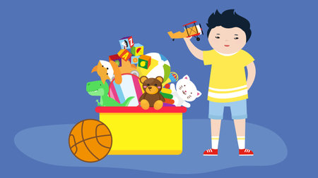 Boy with a bucket full of toys. Flat style vector illustration.のイラスト素材