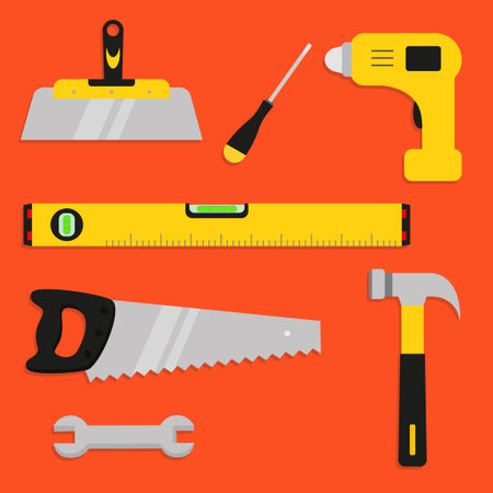 Set of construction tools. Vector illustration in flat style. Hammer, saw, tape measure, screwdriver, hammer.のイラスト素材