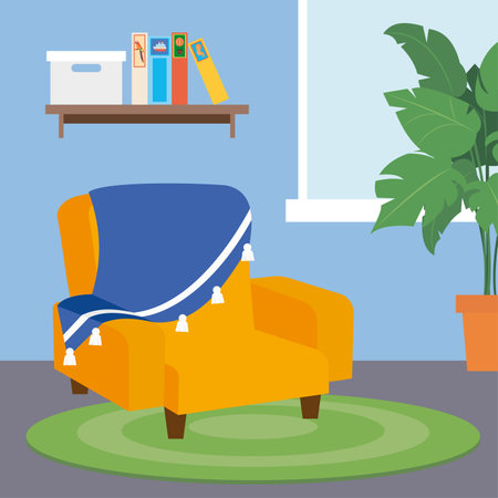 Living room with sofa and plant. Vector illustration in flat style.のイラスト素材