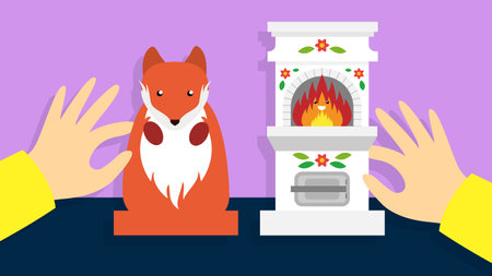 Christmas and New Year vector illustration with Santa Claus and fox on fireplace background.のイラスト素材