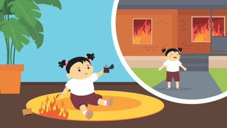 Little girl playing in the backyard with a fire. Vector illustration.のイラスト素材