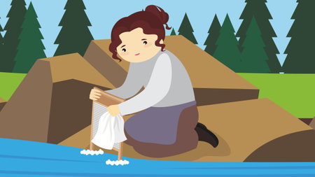 Illustration of a Kid Boy Washing His Hands on the Beachのイラスト素材