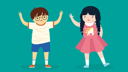 Two children are standing and waving their hands. Vector illustration in flat style.のイラスト素材