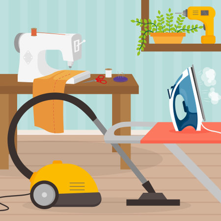 Vacuum cleaner on the background of the room. Vector illustration.のイラスト素材