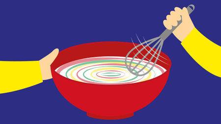 Illustration of a hand holding a whisk and a bowl of cakeのイラスト素材