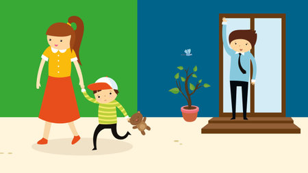 Mother and son playing with dog in the room. Vector illustration.のイラスト素材