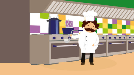 Illustration of a male chef in a restaurant kitchen, vector illustrationのイラスト素材