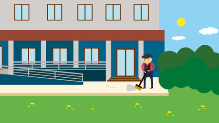 Worker cleans the lawn in front of the school. Vector illustrationのイラスト素材