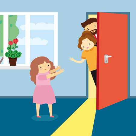 Father and daughter in front of the door. Vector illustration in flat styleのイラスト素材