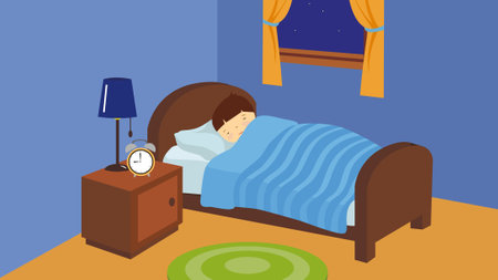 Illustration of a man sleeping in his bed with an alarm clockのイラスト素材