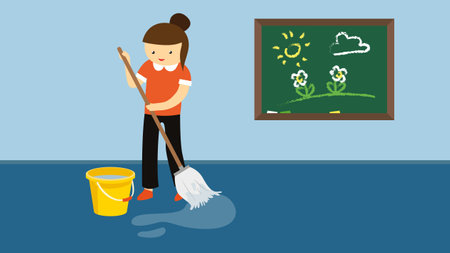 Woman cleaning the floor with a mop and bucket. Vector illustrationのイラスト素材
