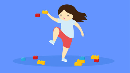 Girl playing with blocks. Vector illustration in cartoon style. Isolated on blue background.のイラスト素材