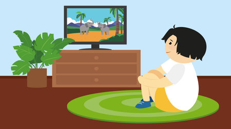Boy watching tv at home. Vector illustration in flat cartoon style.のイラスト素材