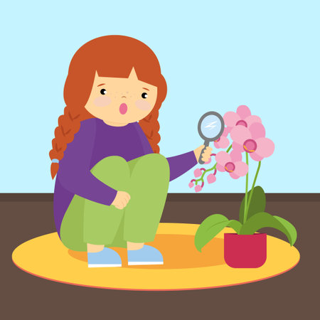 Little girl looking at flowers through magnifying glass. Vector illustration.のイラスト素材