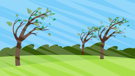 Windy landscape with trees and grass. Vector illustration in flat style.のイラスト素材