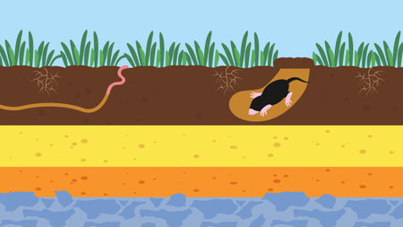 An illustration of a mole digging a hole in the ground with a worm.のイラスト素材