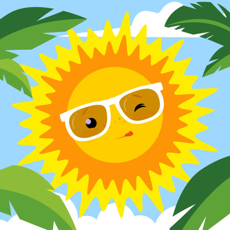 Cute cartoon sun with glasses on a background of palm trees. Vector illustrationのイラスト素材