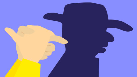Illustration of hands making a shadow of a man with a hat on a blue backgroundのイラスト素材