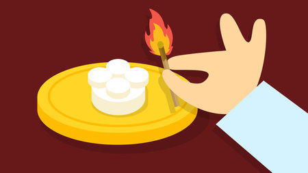 Burning candle on a plate. Vector illustration in flat style.のイラスト素材