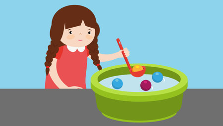 little girl playing with water and bubbles in a bowl vector illustration designのイラスト素材