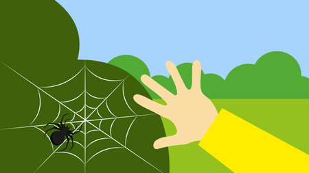 Web, spider and hand. Halloween background with spider and hand. Vector illustration in flat styleのイラスト素材