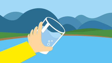 Hand holding a glass of water. Vector illustration in flat style.のイラスト素材
