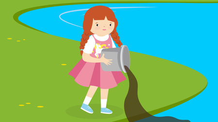 Little girl with a bucket in the park. Vector illustration in cartoon styleのイラスト素材