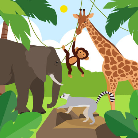 Cute animals on the jungle. Vector illustration in flat style.のイラスト素材