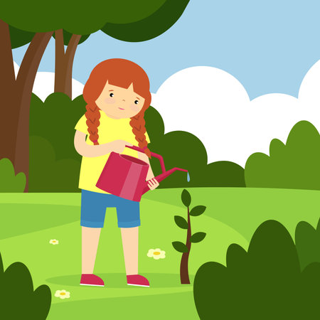 Girl watering a tree with a watering can in the park. Vector illustrationのイラスト素材