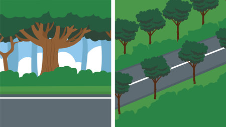Set of landscape with trees and road. Vector illustration in flat styleのイラスト素材